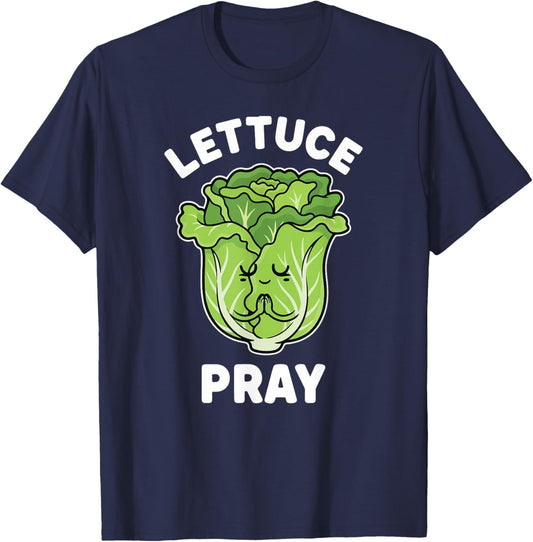 Let us Pray Funny Christian Pun Kawaii Green Lettuce Kids T-Shirt - T-Shirt | Navy