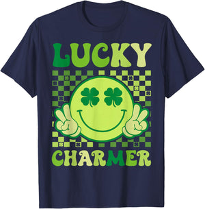 Groovy Lucky Charmer St Patricks Day Shamrock Boys Girl Kids T-Shirt - T-Shirt | Navy
