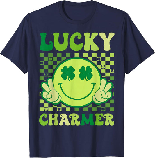 Groovy Lucky Charmer St Patricks Day Shamrock Boys Girl Kids T-Shirt - T-Shirt | Navy