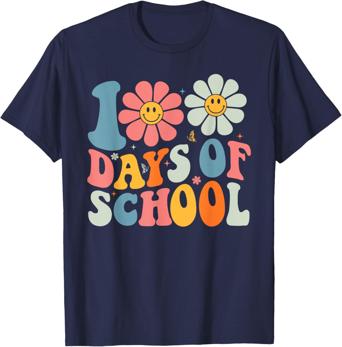 100 Days of School Teacher Groovy Retro 100th Day of School T-Shirt - T-Shirt | Navy