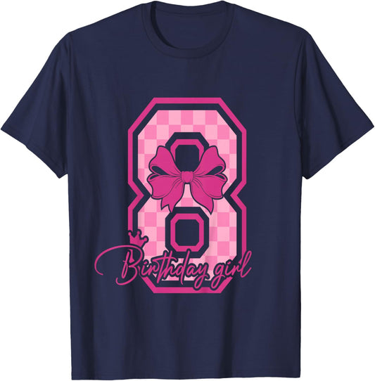 8th Birthday Girl Pink Bow Eight Bday 8 Years Birthday Girl T-Shirt - T-Shirt | Navy