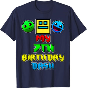 My 7th Birthday Dash Video Game Theme Kids 7 Party Geometry T-Shirt - T-Shirt | Navy