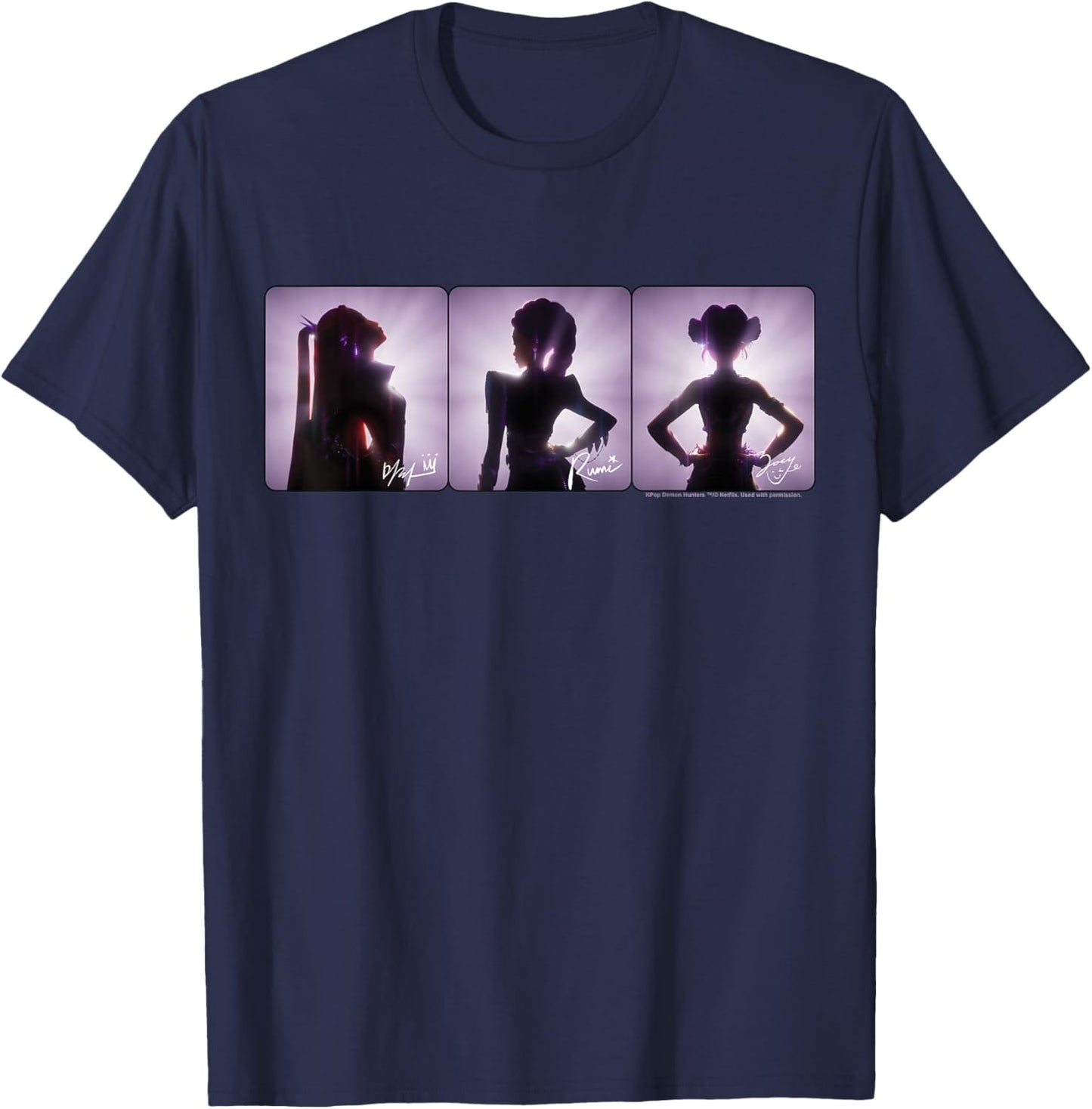 Kpop Demon Hunters Mira Rumi and Zoey Spotlight Final Pose T-Shirt - T-Shirt | Navy