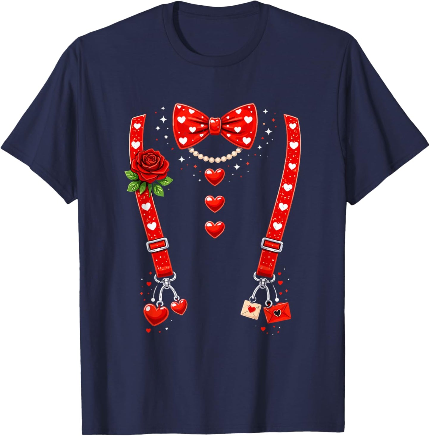 Valentines Day Red Hearts Bow Tie Funny Suspender Couple T-Shirt - T-Shirt | Navy