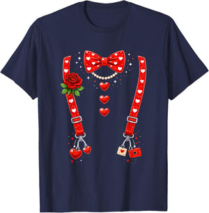 Valentines Day Red Hearts Bow Tie Funny Suspender Couple T-Shirt - T-Shirt | Navy
