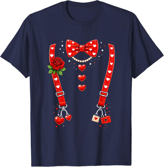 Valentines Day Red Hearts Bow Tie Funny Suspender Couple T-Shirt - T-Shirt | Navy
