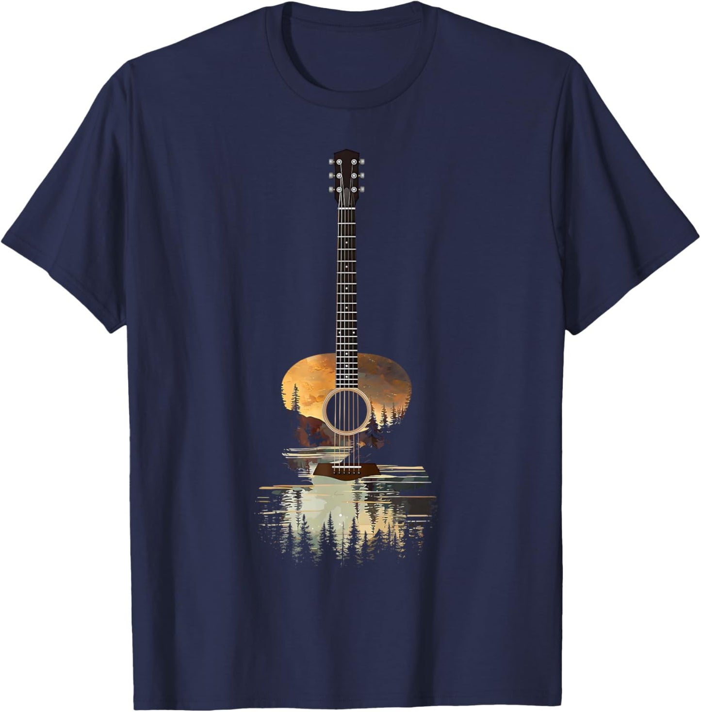 Sunset Acoustic Guitar Nature Reflection Music Lover T-Shirt - T-Shirt | Navy