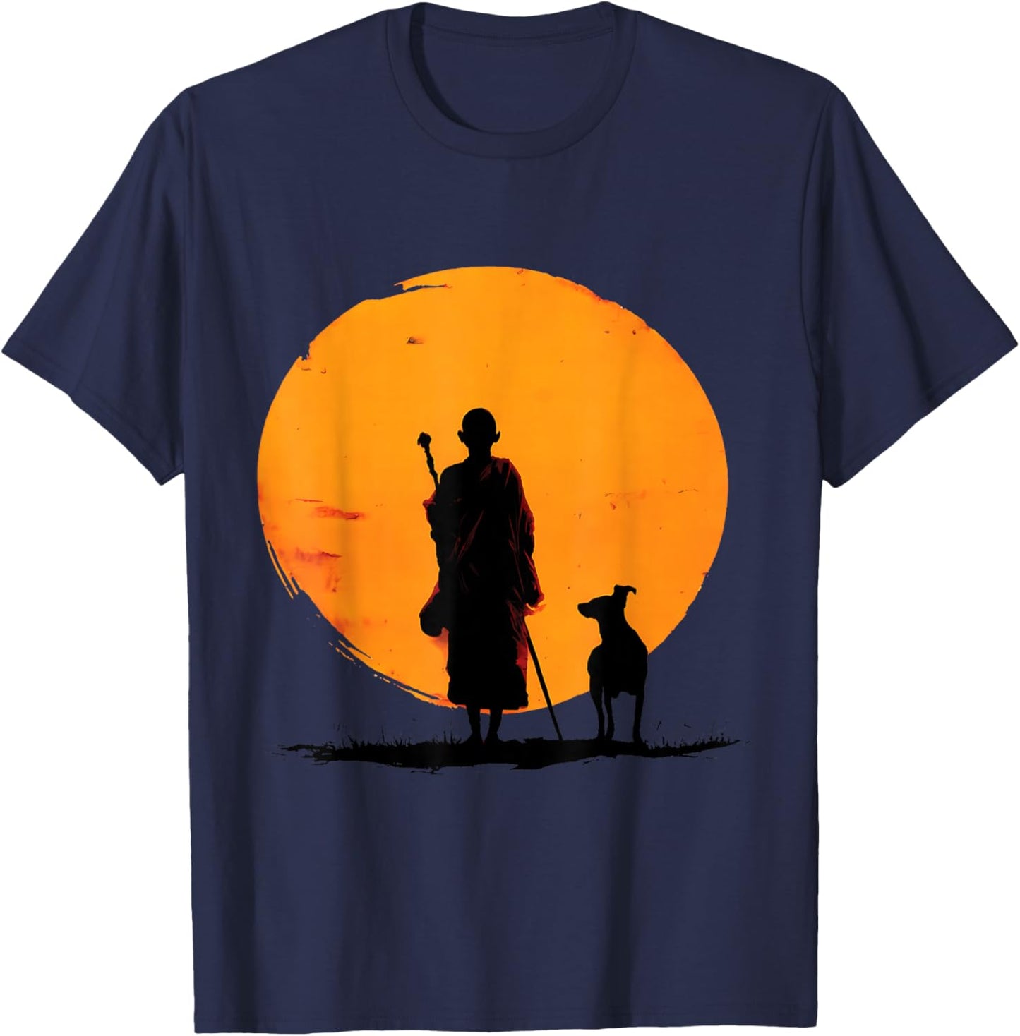 Retro Peace Walking Monks & Dog Minimalist Zen Art Graphic T-Shirt - T-Shirt | Navy