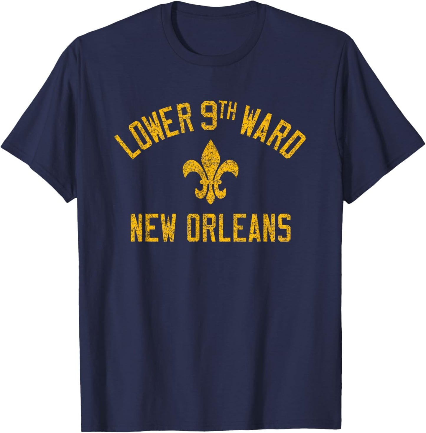 Lower 9th Ward New Orleans Fleur de Lis Distress Amber Print T-Shirt - T-Shirt | Navy