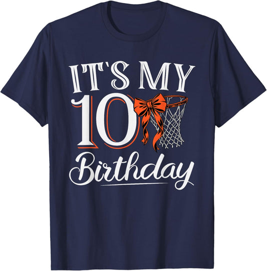 Orange Coquette Basketball It's My 10 Years Girl Bday Party T-Shirt - T-Shirt | Navy