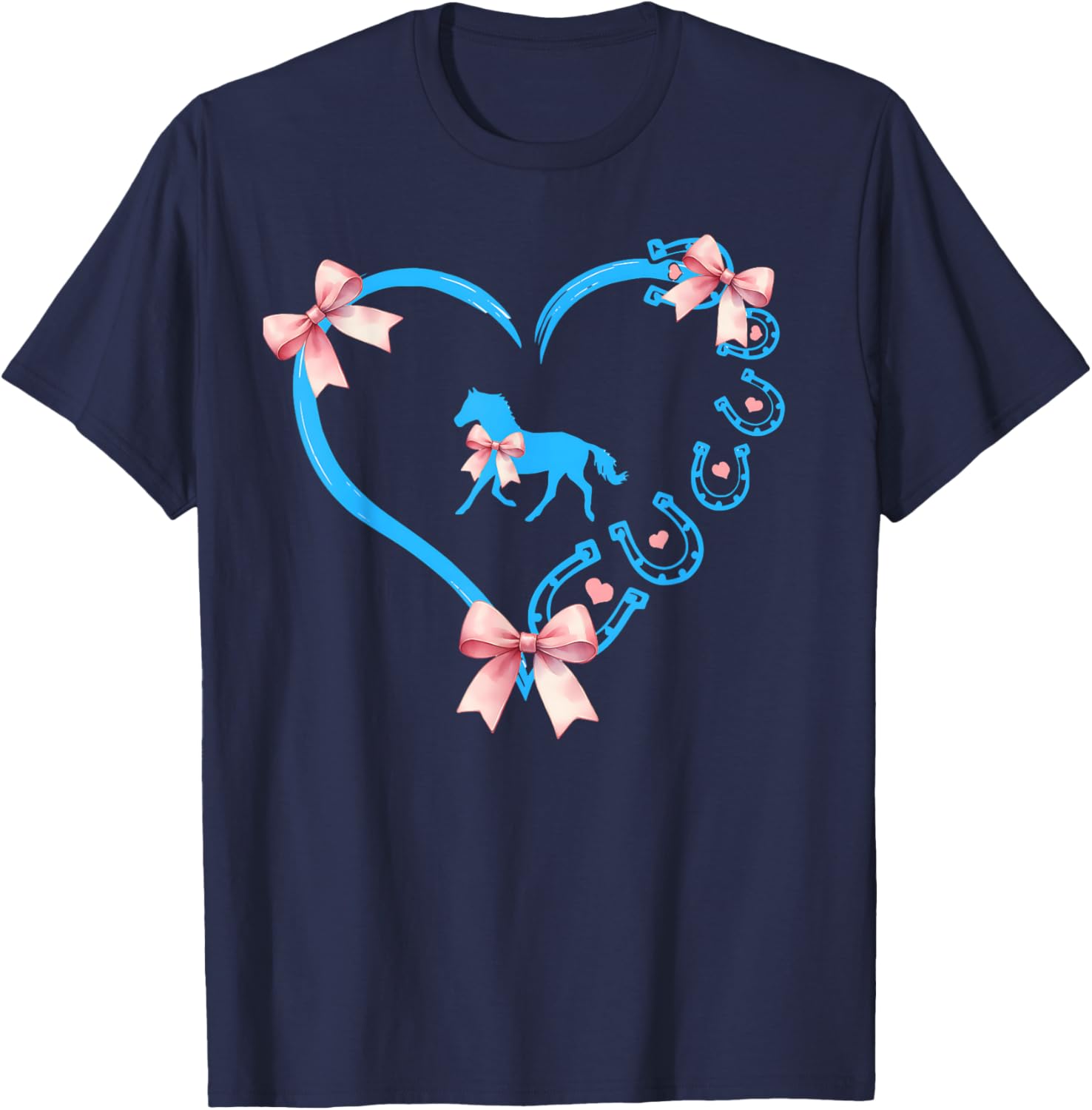 Cute Horse Girl Coquette Blue Bow Heart Horseshoe Equestrian T-Shirt - T-Shirt | Navy