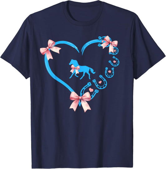Cute Horse Girl Coquette Blue Bow Heart Horseshoe Equestrian T-Shirt - T-Shirt | Navy