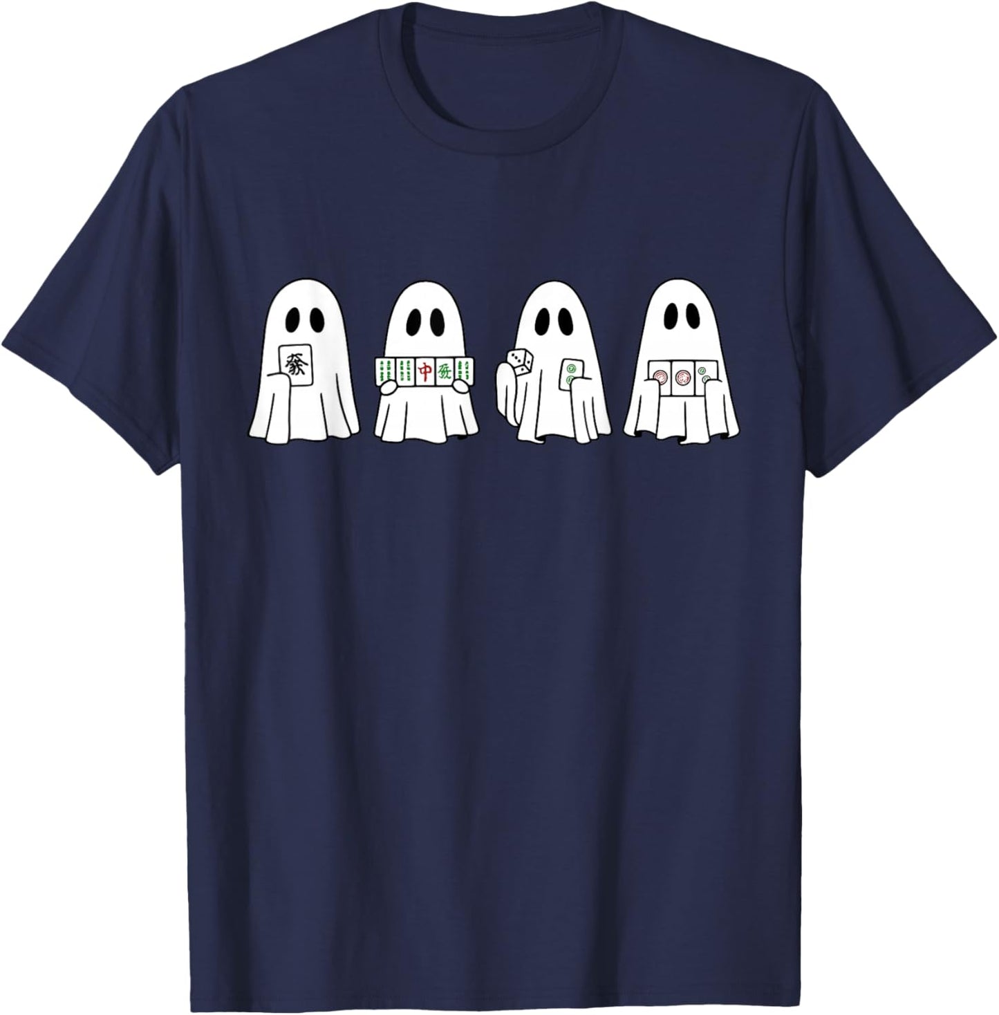 Halloween Ghost Playing Mahjong Spooky Season Game Day Fall T-Shirt - T-Shirt | Navy
