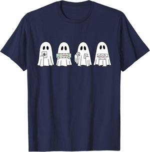 Halloween Ghost Playing Mahjong Spooky Season Game Day Fall T-Shirt - T-Shirt | Navy