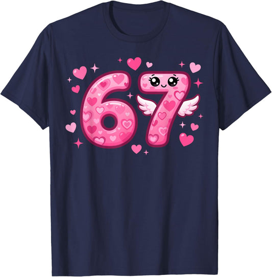 Kawaii 6-7 Pink Heart Six Seven Kids Meme 6 7 Valentines T-Shirt - T-Shirt | Navy