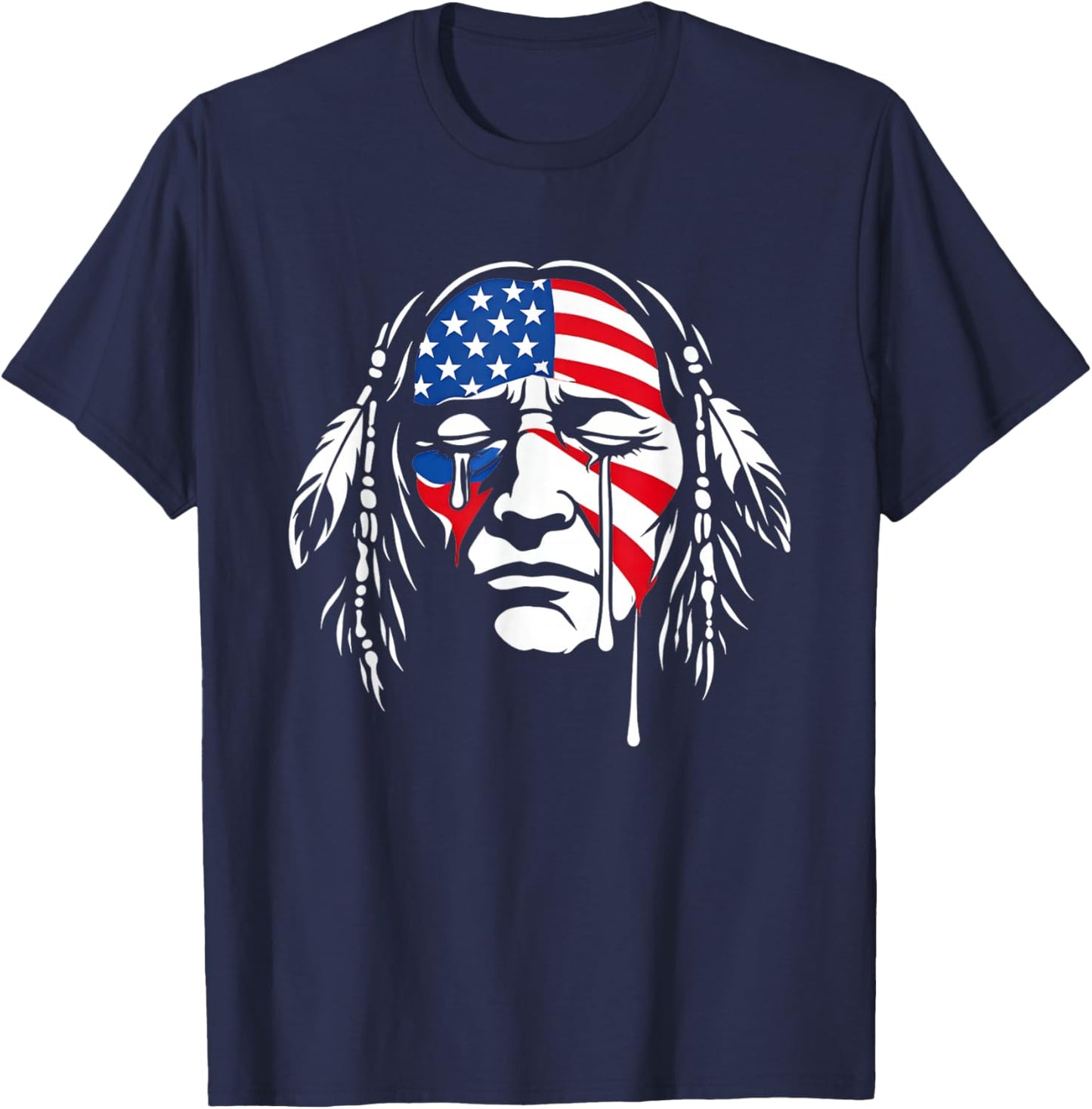 Crying Native American Indian Chief American USA Flag T-Shirt - T-Shirt | Navy