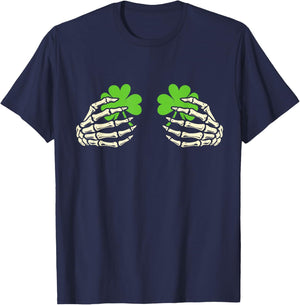 Skeleton Hands with Lucky Shamrock Funny Patrick's Day Women T-Shirt - T-Shirt | Navy