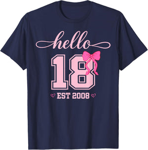 Hello Eighteen Est 2008 Coquette Bow 18th Birthday Girl T-Shirt - T-Shirt | Navy