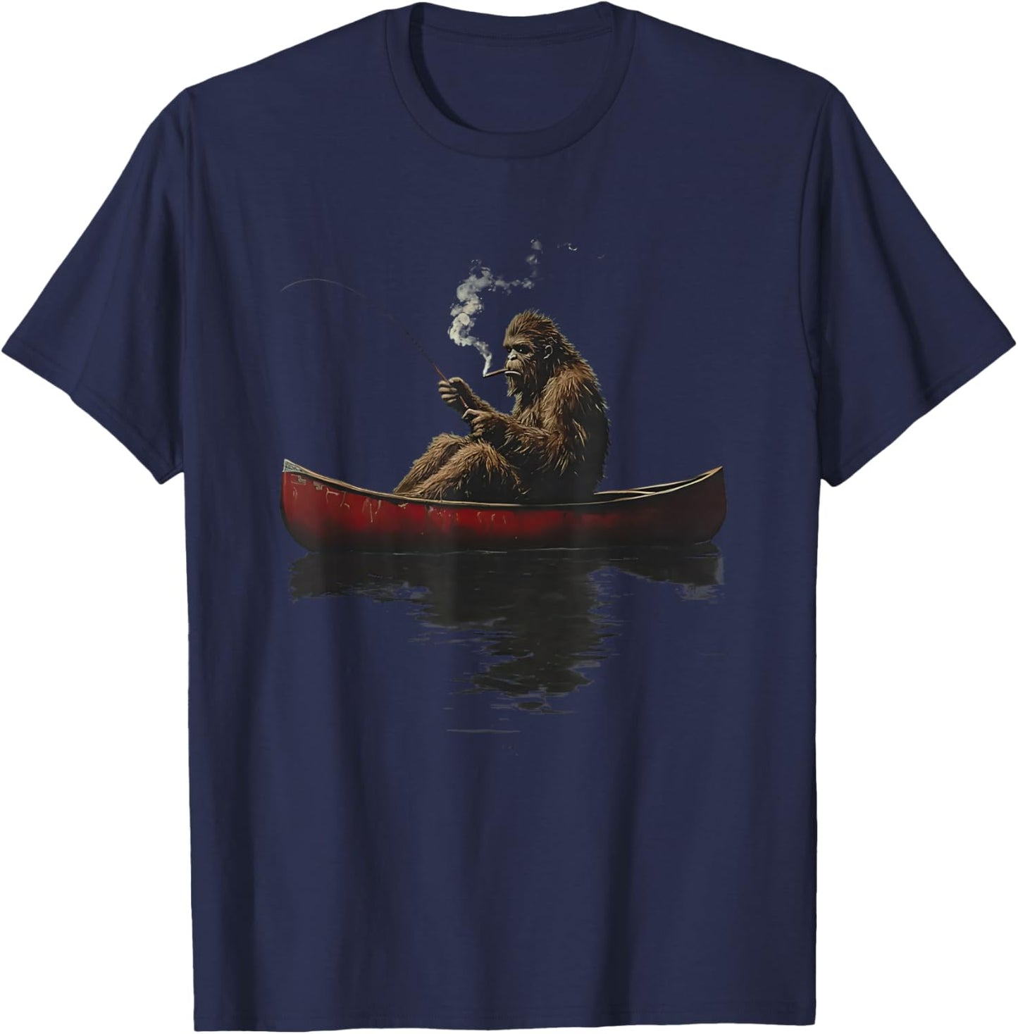 Bigfoot on a red Canoe Fishing Retro Art Print T-Shirt - T-Shirt | Navy