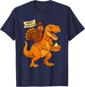Funny Thanksgiving Dinosaur Turkey Riding T Rex Pumpkin Pie T-Shirt - T-Shirt | Navy
