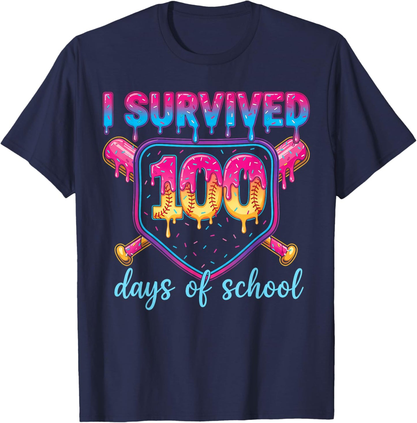 I Survived 100 Days of School Baseball 100th Day Kids Girls T-Shirt - T-Shirt | Navy