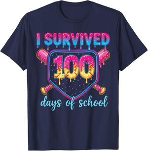 I Survived 100 Days of School Baseball 100th Day Kids Girls T-Shirt - T-Shirt | Navy
