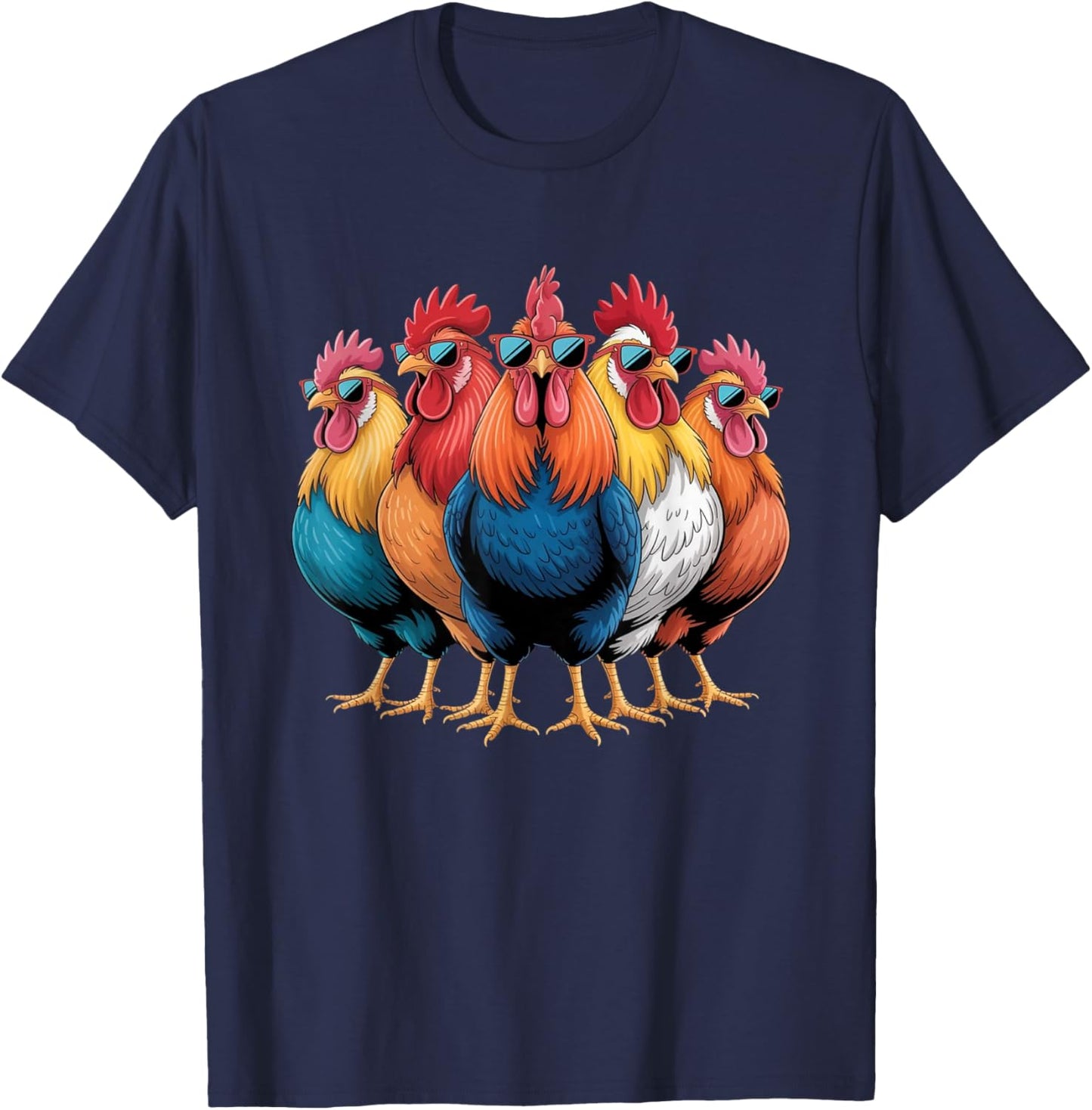 Cool Roosters with Sunglasses Colorful Chicken Farm Humour T-Shirt - T-Shirt | Navy