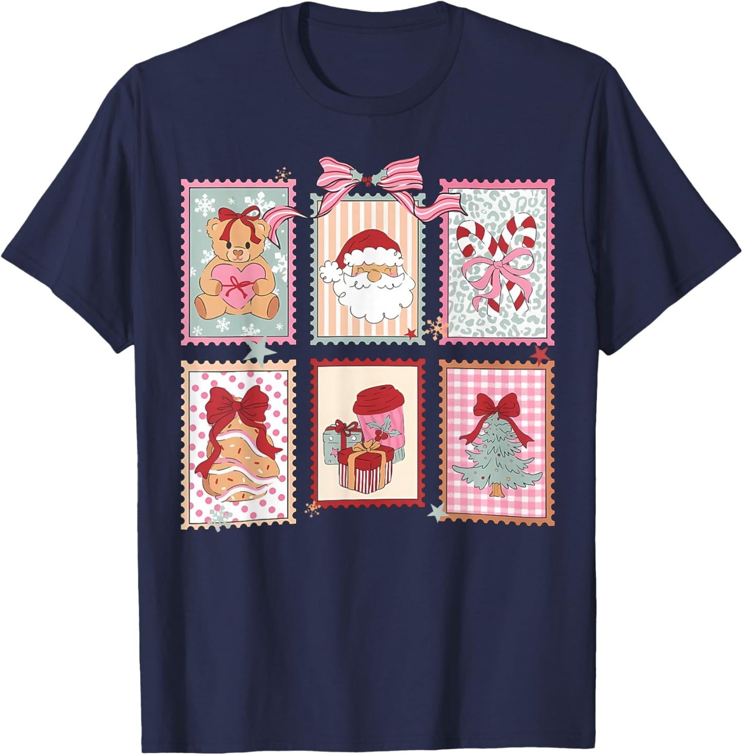 Santa Candy Cane Holiday Postage Stamps Christmas Tree T-Shirt - T-Shirt | Navy