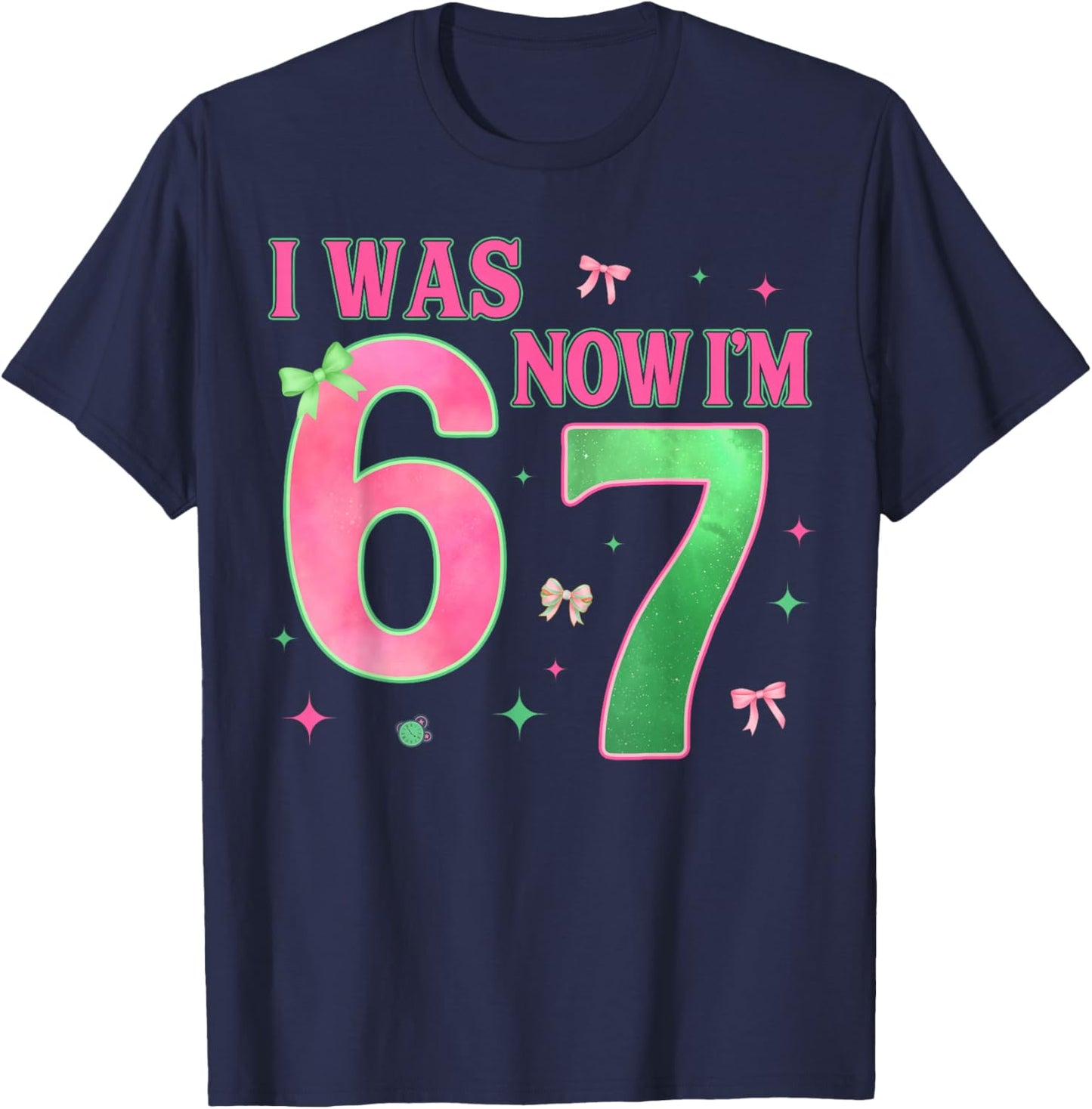 I was 6 Now I'm 7 Year Old Birthday Cute Bow Pink Green Bday T-Shirt - T-Shirt | Navy