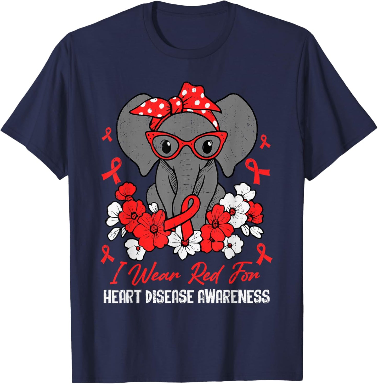 Heart Health Elephant Red Ribbon Heart Disease Awareness CHD T-Shirt - T-Shirt | Navy