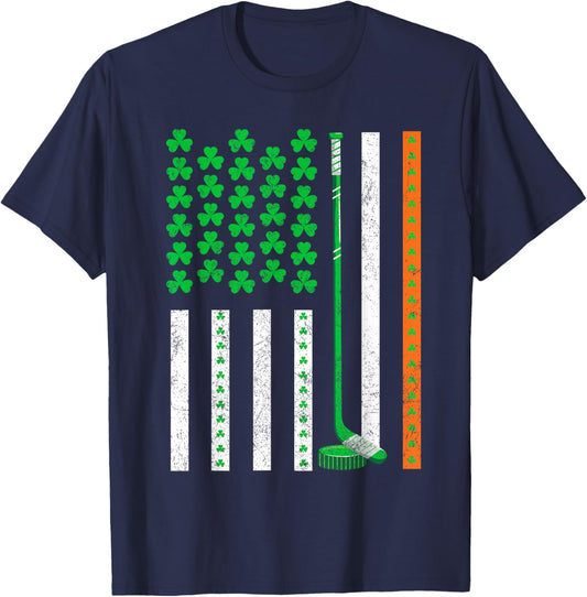 Vintage St Patrick's Day Shamrock Sport American Flag Hockey T-Shirt - T-Shirt | Navy