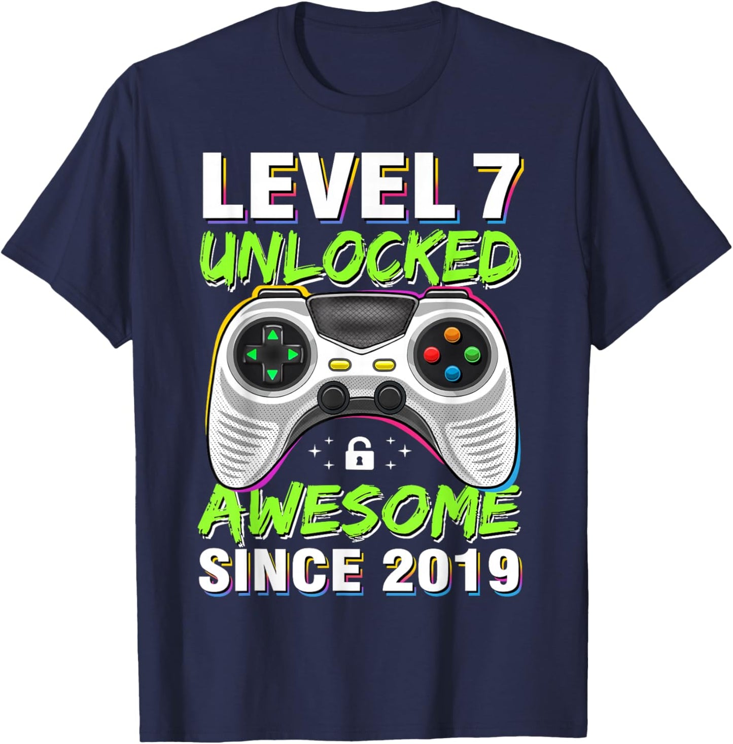 Level 7 Unlocked Awesome Since 2019 7th Birthday Gaming Boys T-Shirt - T-Shirt | Navy