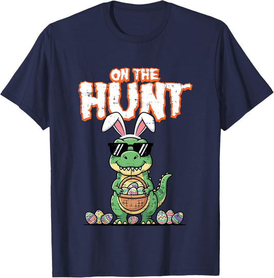 Kids Easter Dino On The Hunt Trex Egg Hunting Boys Kids Toddler T-Shirt - T-Shirt | Navy
