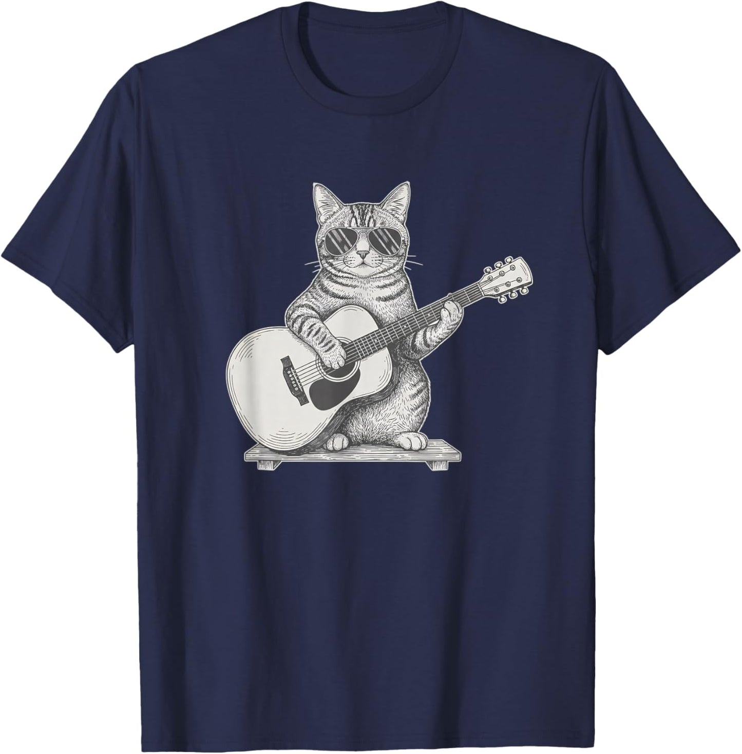 Tabby Cat Playing Acoustic Guitar Cool Sunglasses Musician T-Shirt - T-Shirt | Navy