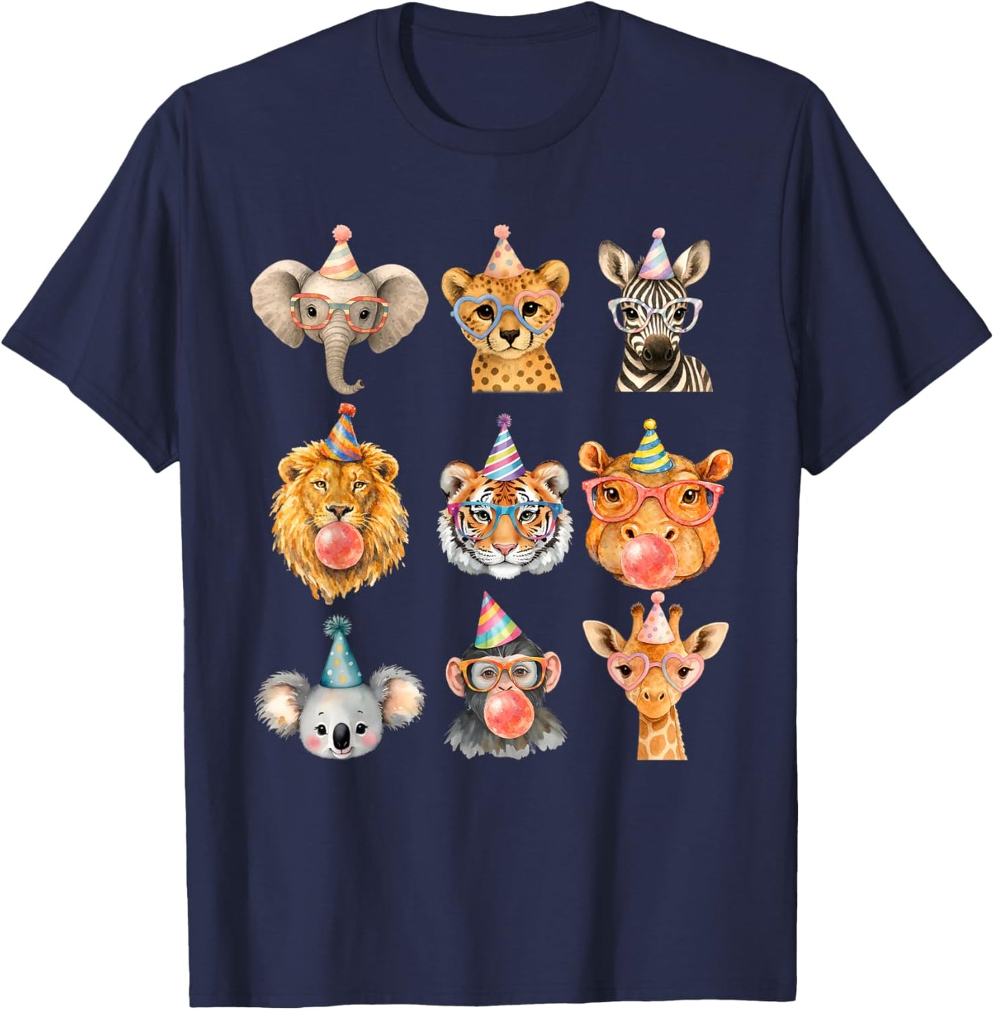 Cute Party Animals Birthday Wildlife Zoo Boys Girls Kids T-Shirt - T-Shirt | Navy