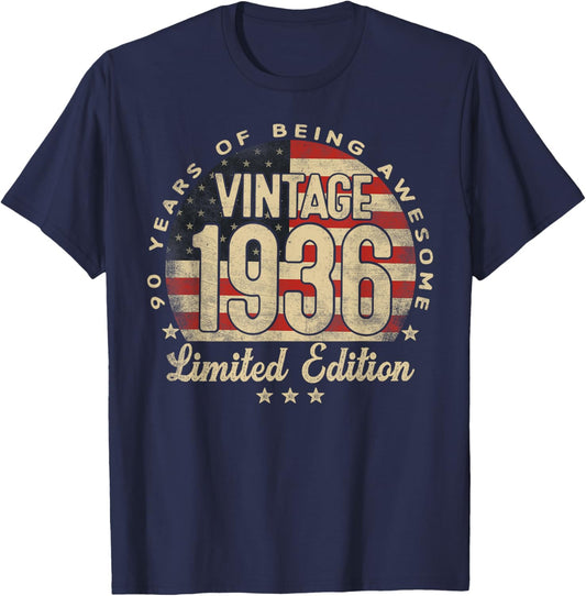 Vintage 1936 Limited Edition USA Flag 90-Year-Old Age 90 T-Shirt - T-Shirt | Navy