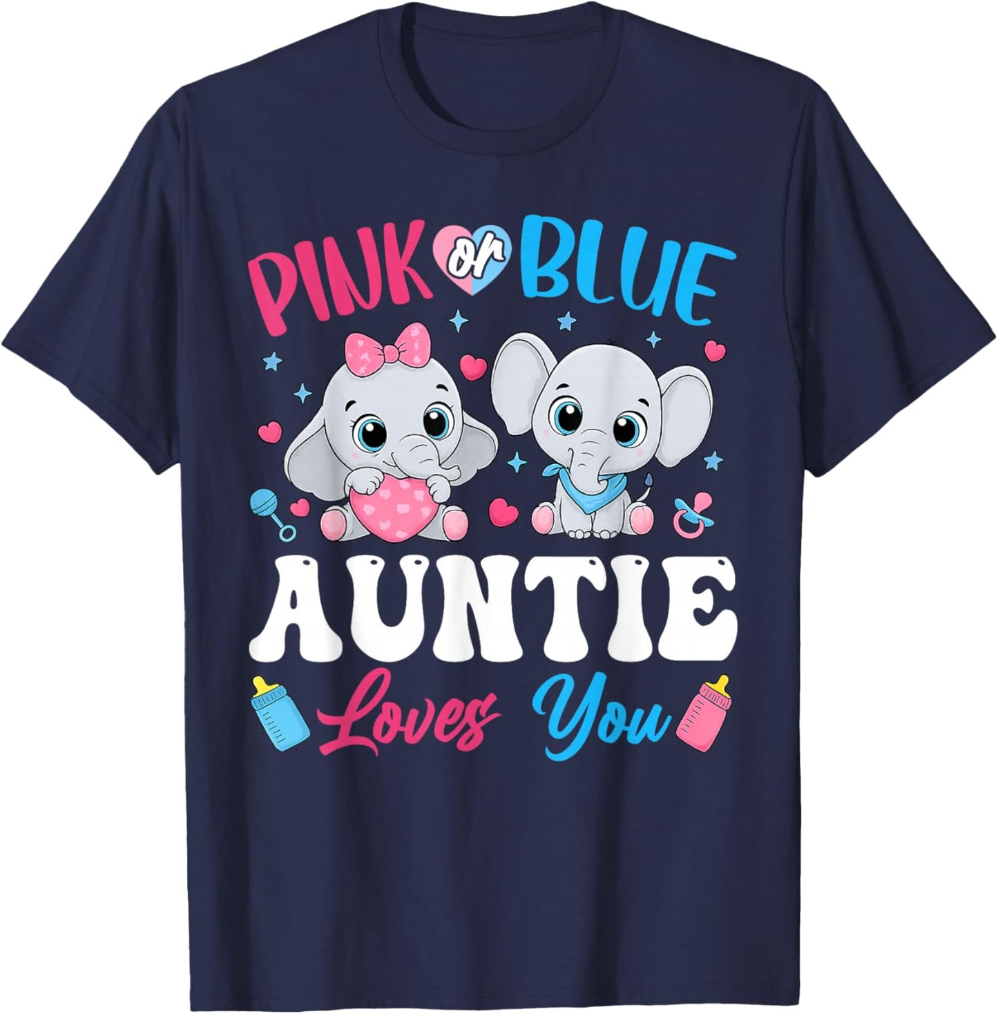 Pink or Blue Auntie Loves You Gender Reveal Elephant T-Shirt - T-Shirt | Navy