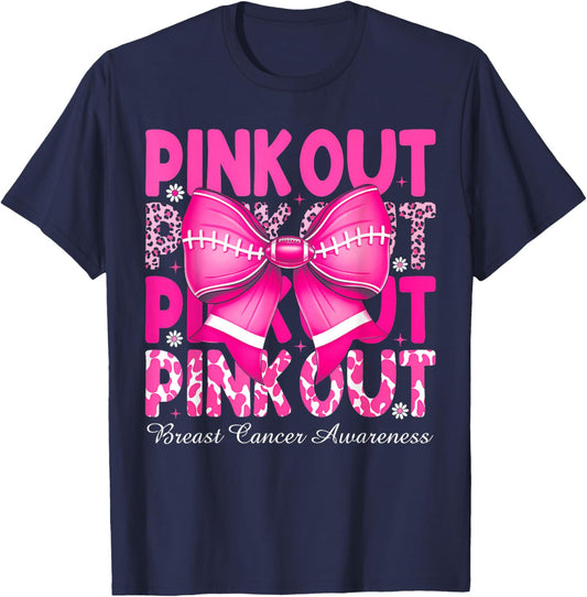 Pink Out Breast Cancer Football Coquette Bow Mom Girls Women T-Shirt - T-Shirt | Navy
