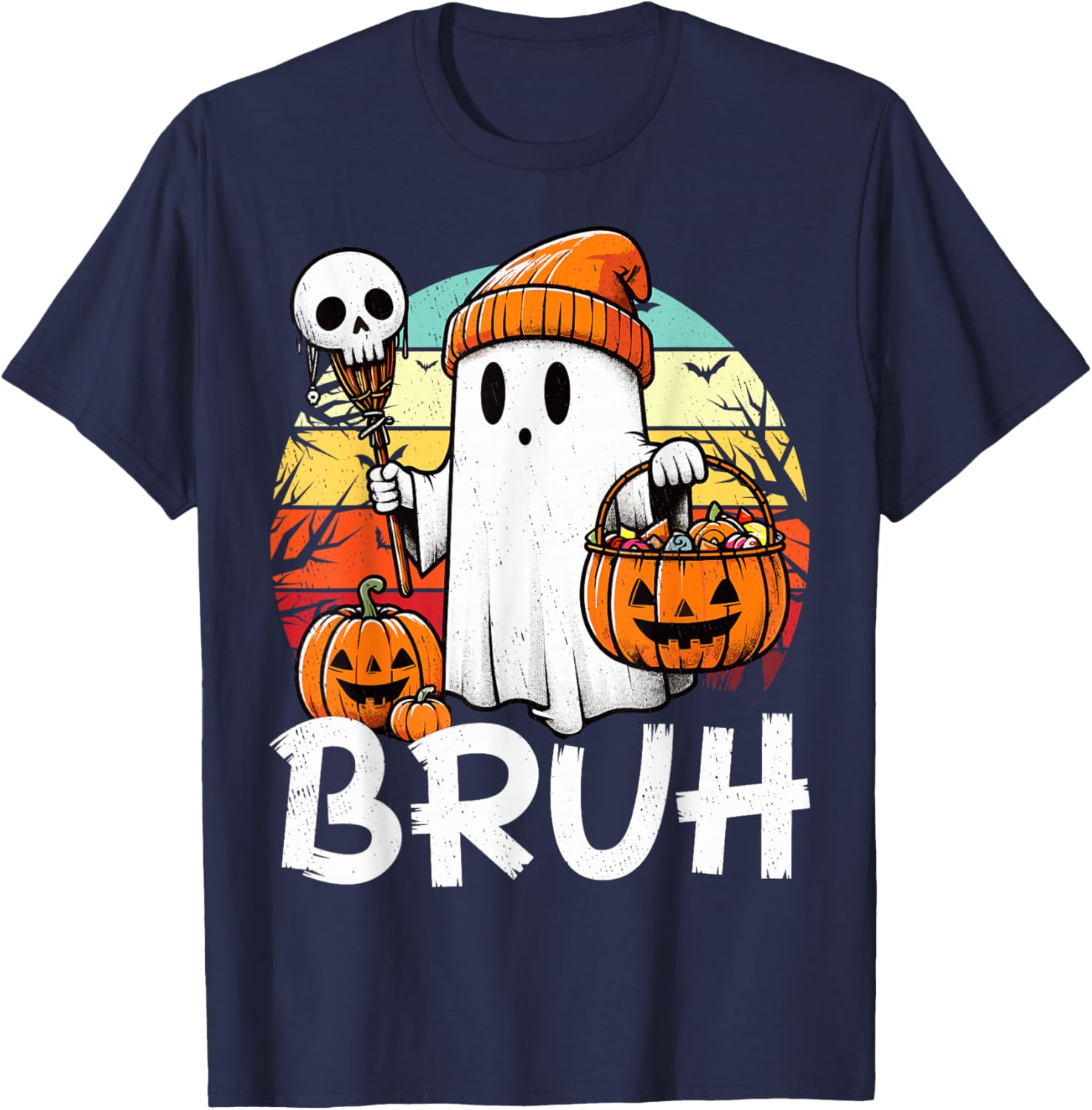 Bruh Ghost Funny Halloween Boo Spooky Halloween Bruh Ghost T-Shirt - T-Shirt | Navy