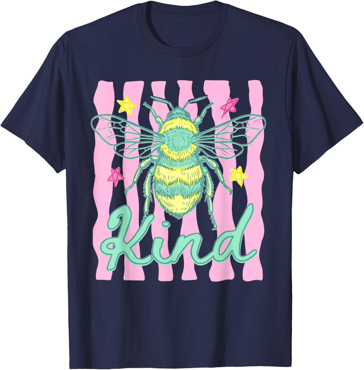 Striped Bee Kind Cute Bees Be Kind Positive Quote Summer T-Shirt - T-Shirt | Navy