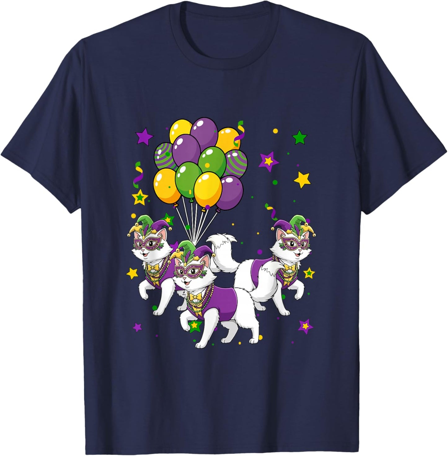 Three Cute Cats Masked Jester Hat Mardi Gras Parades T-Shirt - T-Shirt | Navy