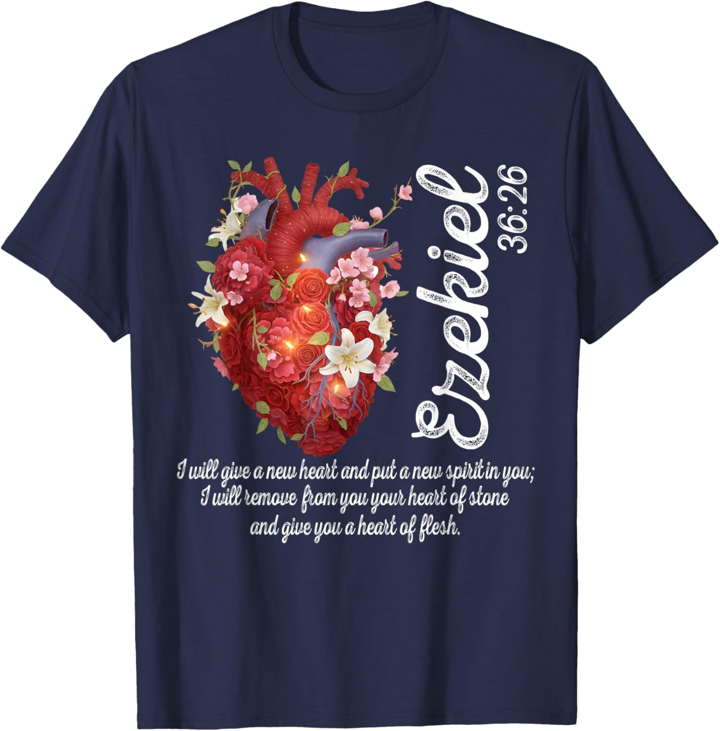 Floral Heart Ezekiel 36:26 Heart of Flesh Christian Women T-Shirt - T-Shirt | Navy