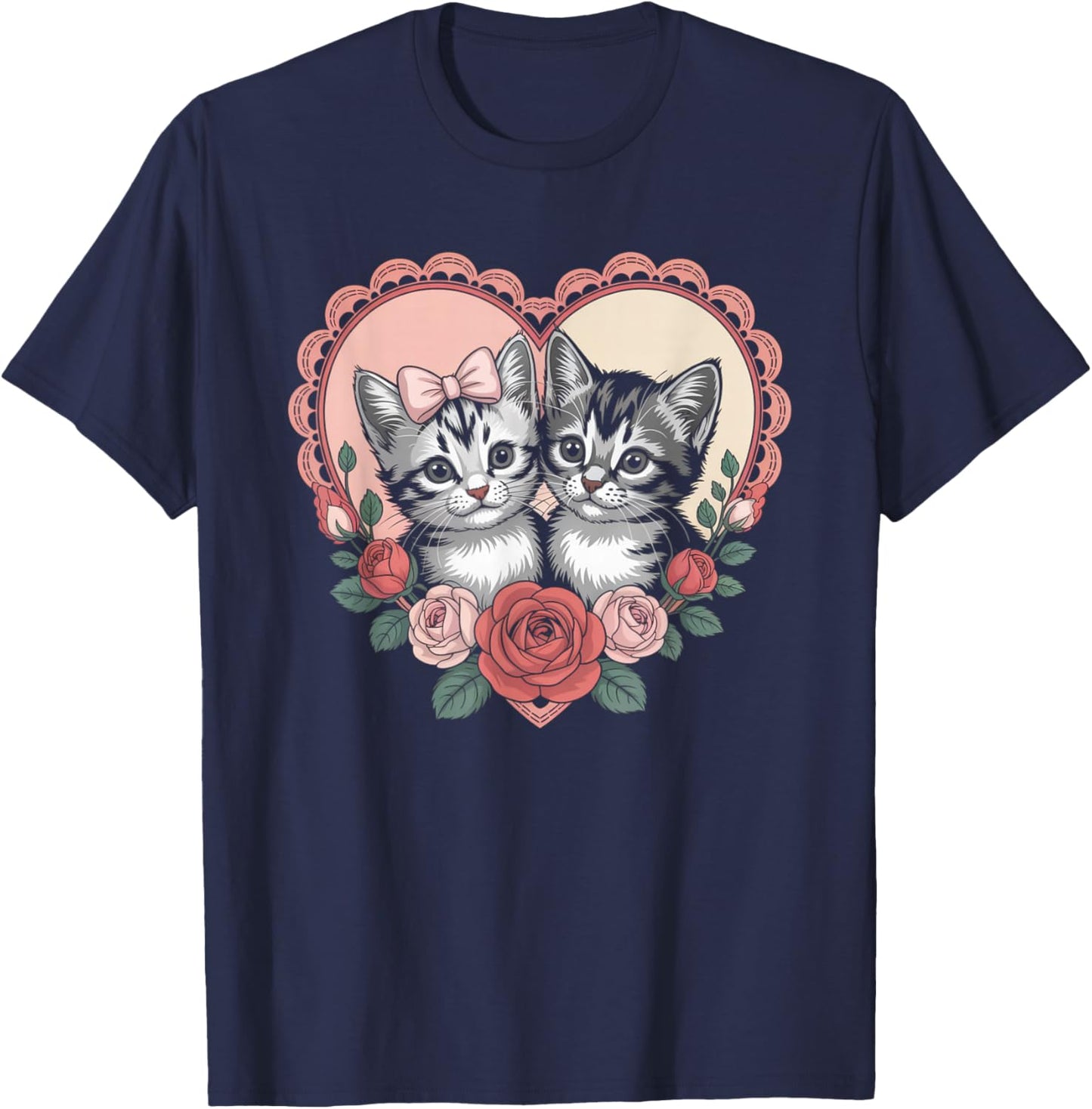 Cute Kittens in Heart with Roses Romantic Cat T-Shirt - T-Shirt | Navy