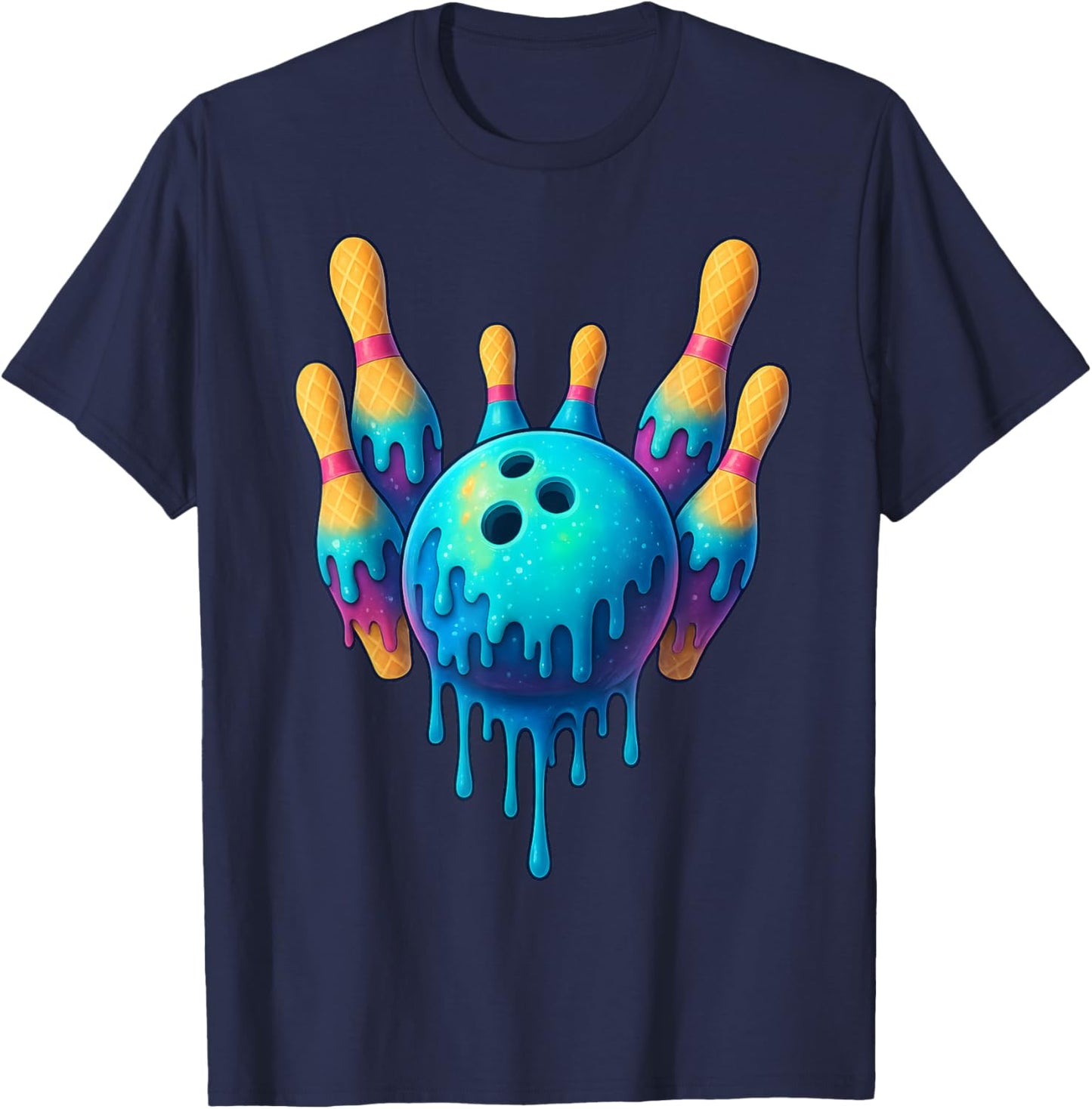 Funny Bowling Pins Bowler Ice Cream Drip Men Women Boys Kids T-Shirt - T-Shirt | Navy
