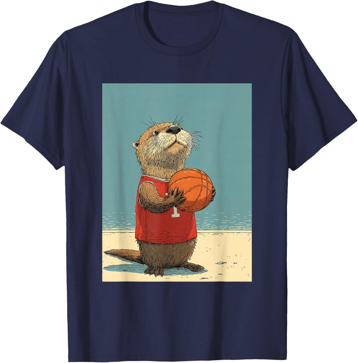 Cute Sea Otter Animal Funny Basketball Cartoon Design T-Shirt - T-Shirt | Navy