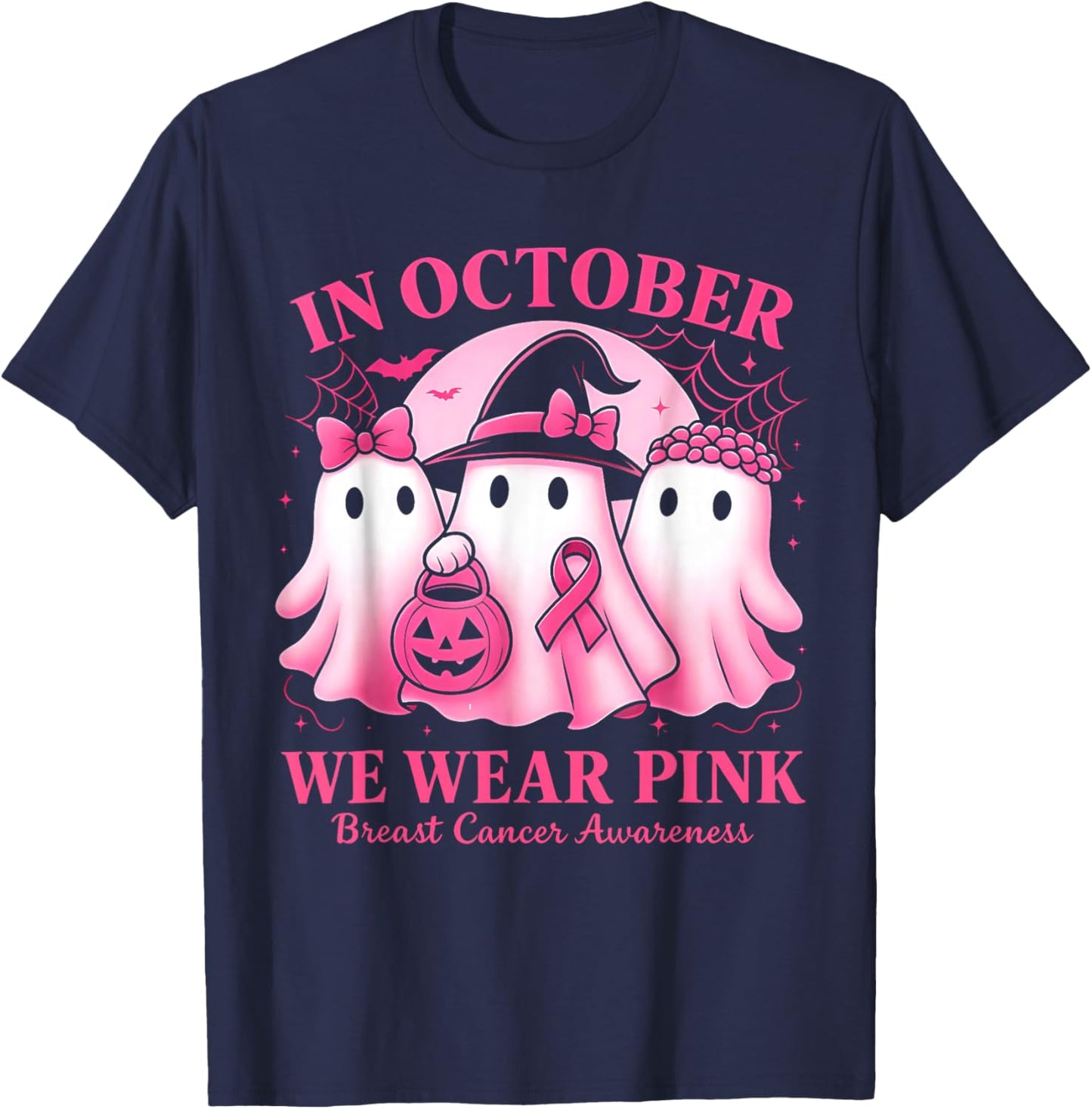 in October We Wear Pink Ghost Trio Breast Cancer Awareness T-Shirt - T-Shirt | Navy