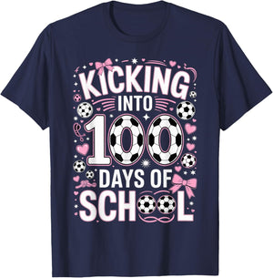 100 Days of School Girls Soccer Coquette Bow Pink Teacher T-Shirt - T-Shirt | Navy