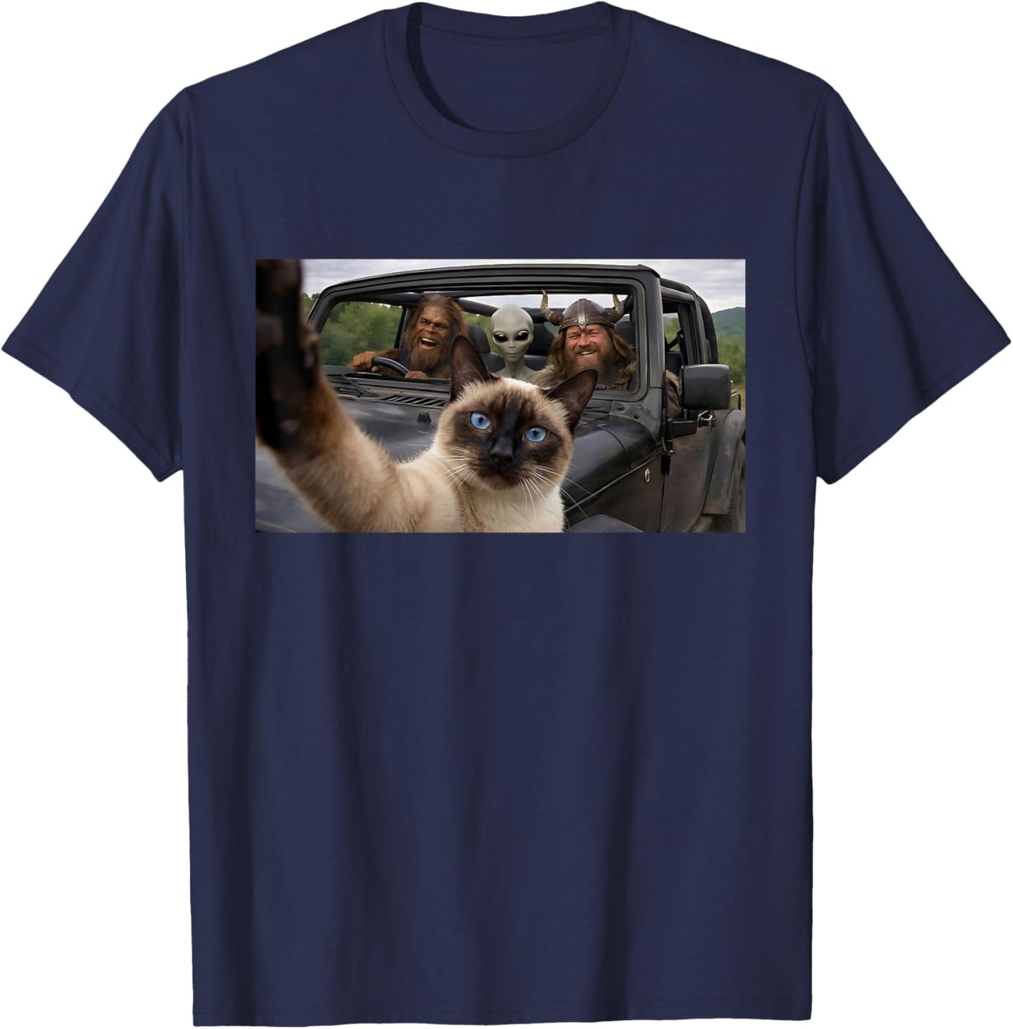 SUV Road Trip Siamese Cat Selfie with Alien Bigfoot Viking T-Shirt - T-Shirt | Navy