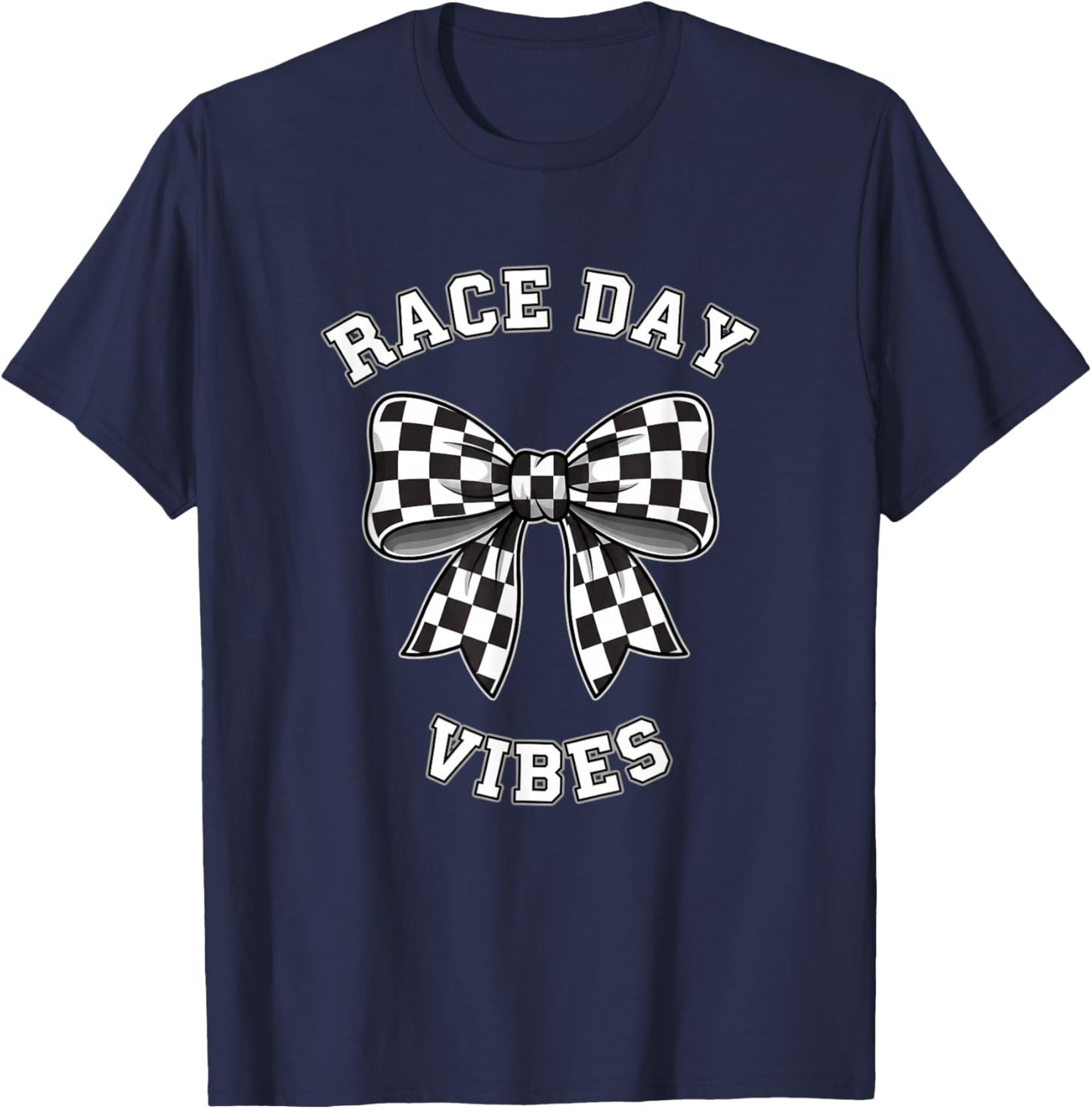 Car Race Day Vibes Checkered Bow Racing T-Shirt - T-Shirt | Navy