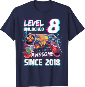 Level 8 Unlocked Video Gamer 8th Birthday Video Gamer Boys T-Shirt - T-Shirt | Navy